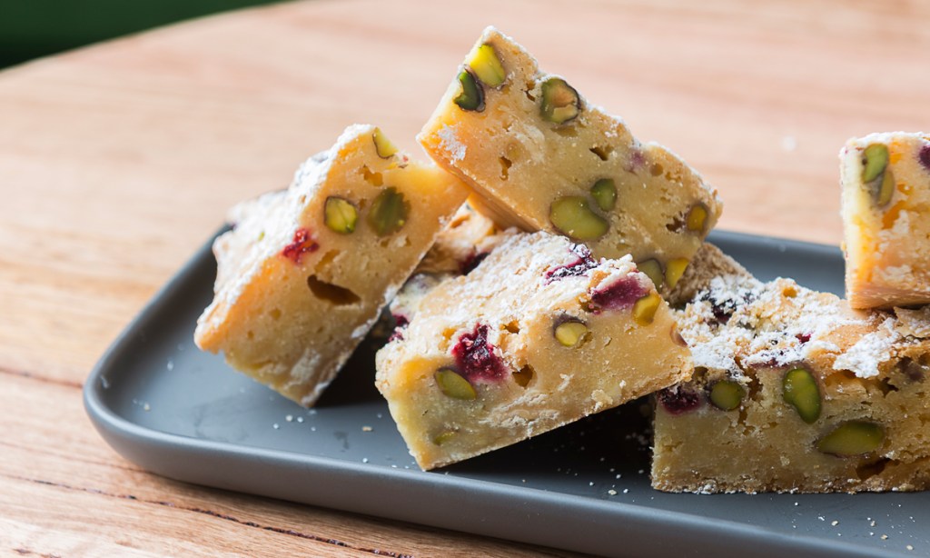 Thumbnail for Pistachio, White Chocolate and Raspberry Blondies