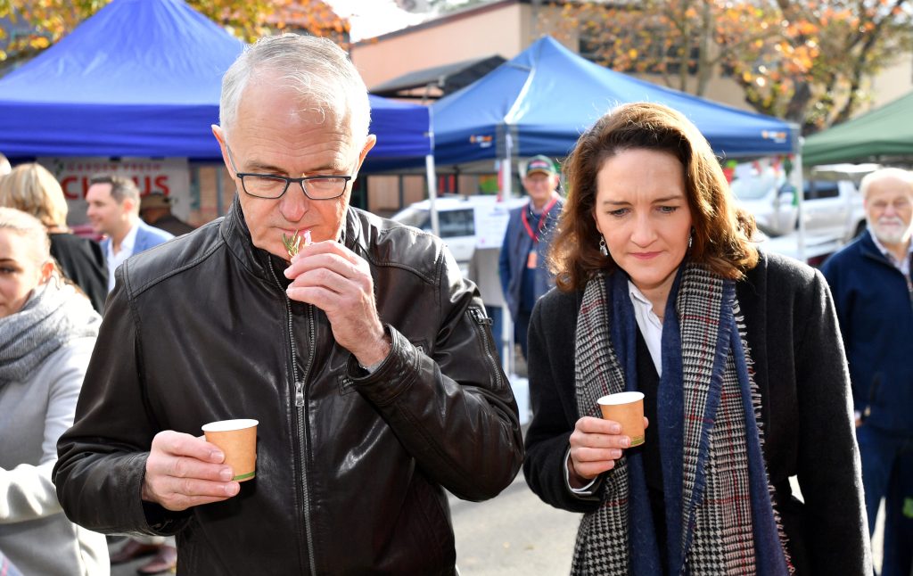 Prime Minister Malcolm Turnbull and Liberal Candidate for Mayo,  Georgina Downer, campaigning in Mt Barker last Saturday. Photo: AAP/David Mariuz