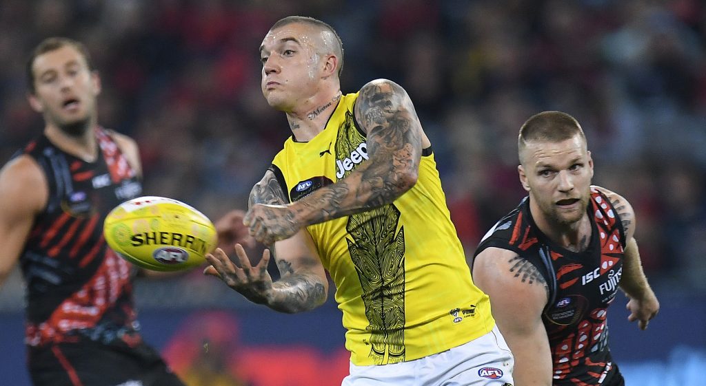 Dustin Martin in action against the Bombers last weekend. Photo: AAP/Julian Smith