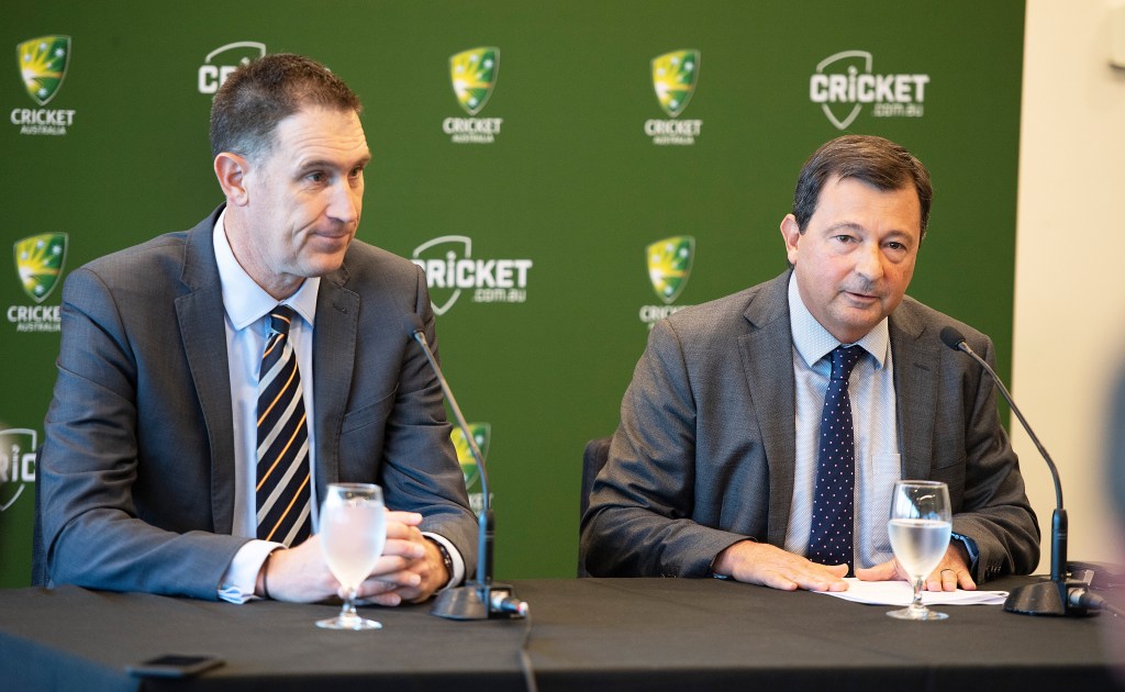 Cricket Australia Chief Executive Officer James Sutherland (left) and chairman David Peever speak to the media today. Photo: AAP/Ellen Smith