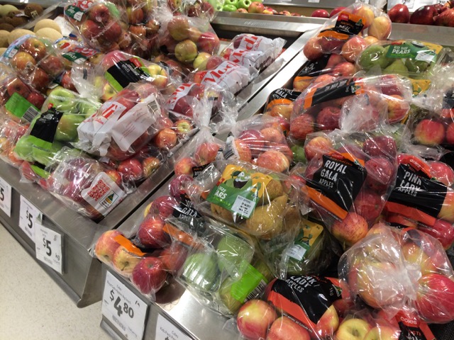 Plastic-wrapped fruit in Coles. Photo: Anna Gregory/Flickr