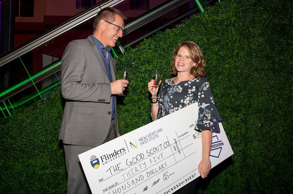 Flinders Vice-Chancellor Professor Colin Stirling congratulates Gold eNVIe winner Clair Crowley.