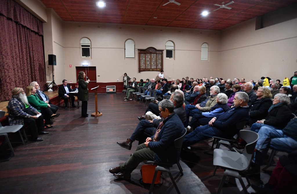 Liberal candidate for Mayo Georgina Downer addressing locals (and bananas) at Nairne last week. Photo: David Mariuz / AAP
