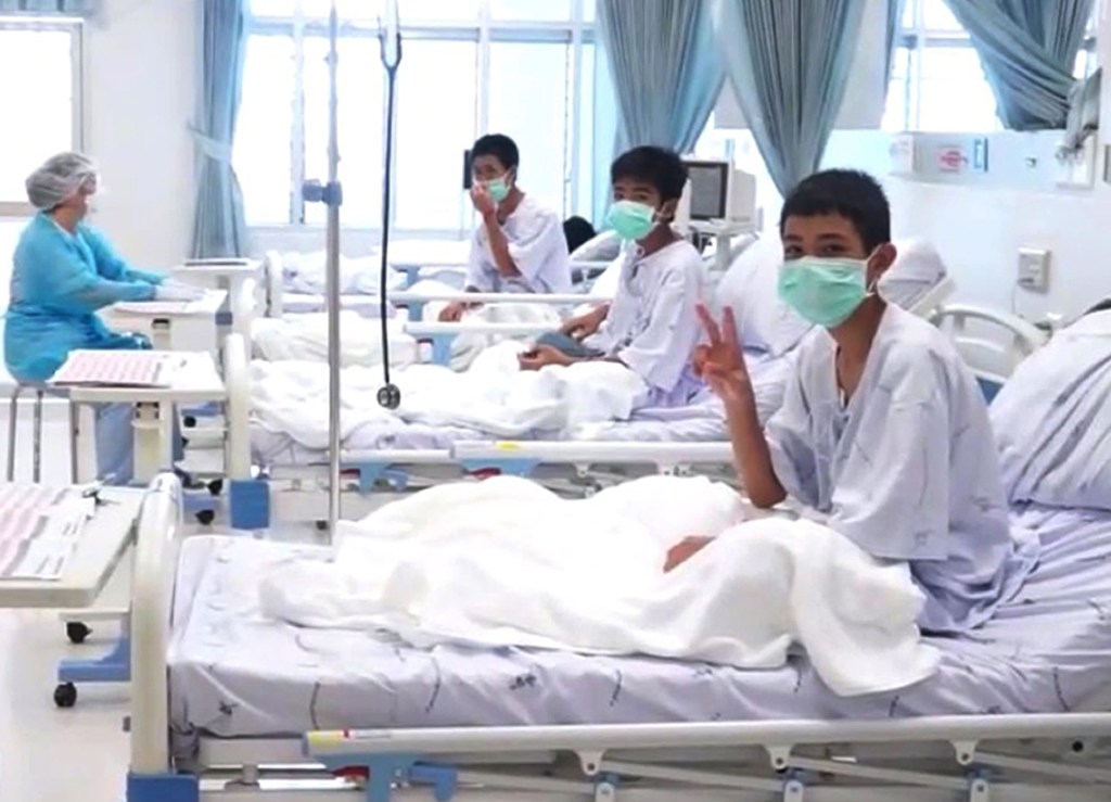 The first pictures of Thai boys, in a Chiang Rai hospital, after their cave rescue. Photo: EPA/PRD/Supplied