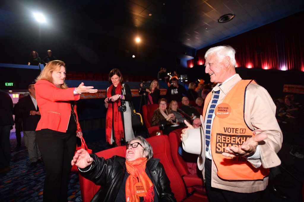 Rebekha Sharkie (left) with Queensland MP Bob Katter at her election night party in Mt Barker. Photo: AAP/David Mariuz