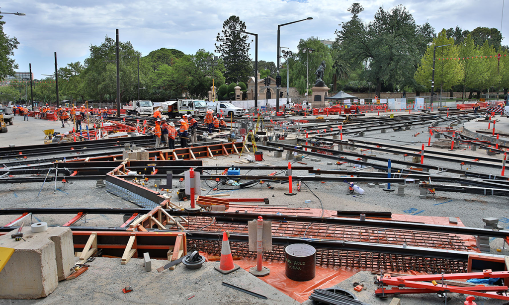 Workers building the North Terrace to East End tram extension project earlier this year. York Civil was a joint venture partner in the troubled project. Photo: Tony Lewis / InDaily