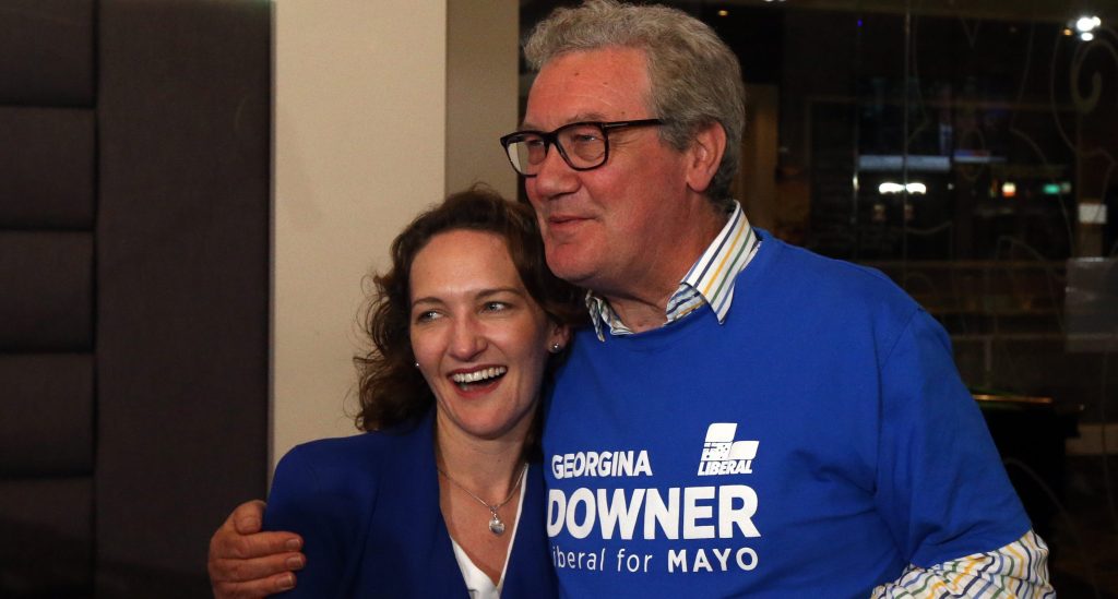 Georgina Downer with father Alexander on the night of last month's Mayo by-election. Photo: Kelly Barnes / AAP