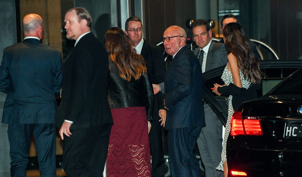 News Corp co-executive Rupert Murdoch, seen here arriving at last week's News Awards ceremony with his son Lachlan  (second right), was in Australia this month. Photo: Brendan Esposito / AAP