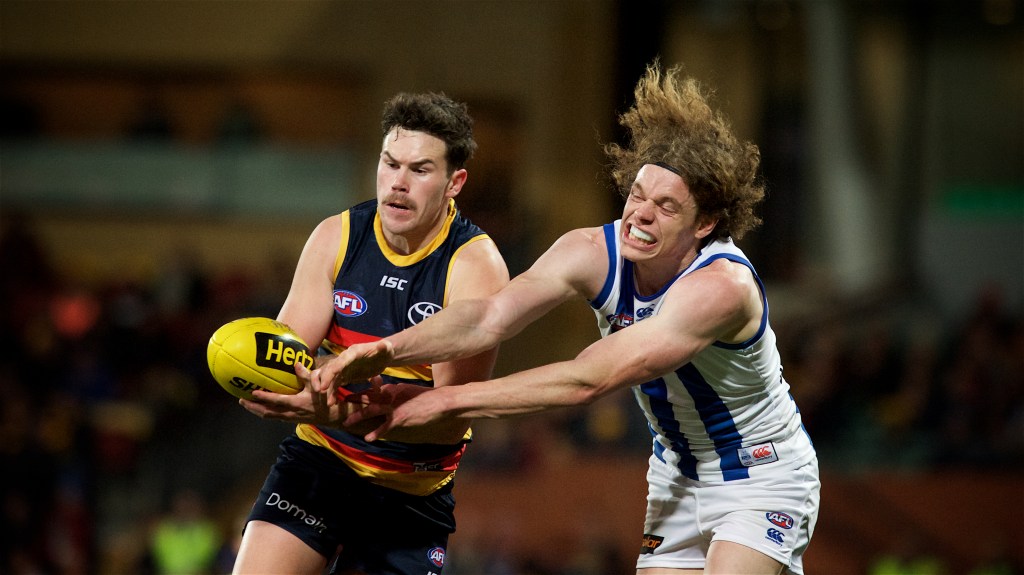 Taylor Walker says he doesn't know why Mitch McGovern (left) wants to leave the Crows. Photo: Michael Errey/InDaily
