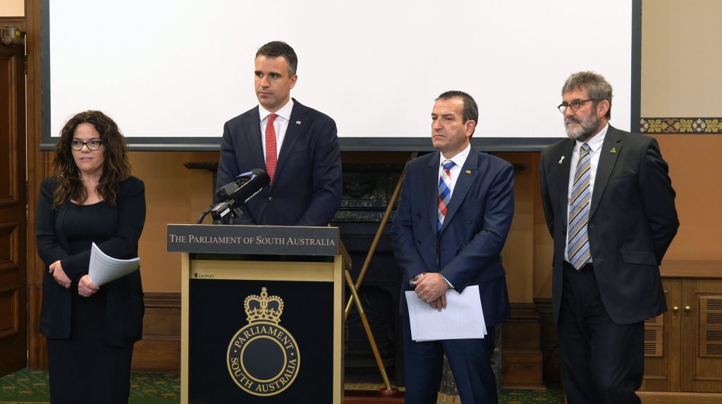 Labor leader Peter Malinauskas addresses media today flanked by SA Best MLC Connie Bonaros, shadow minister Tony Piccolo and Greens MLC Mark Parnell. 