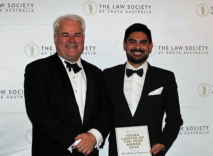 SA Law Society president Tim Mellor, left, and Young Lawyer of the Year Flinders graduate Michael Pagsanjan. Photo courtesy Law Society SA.