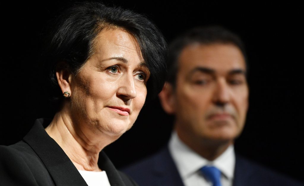 Attorney-General Vickie Chapman flanked by Premier Steven Marshall in April. Photo: David Mariuz / AAP