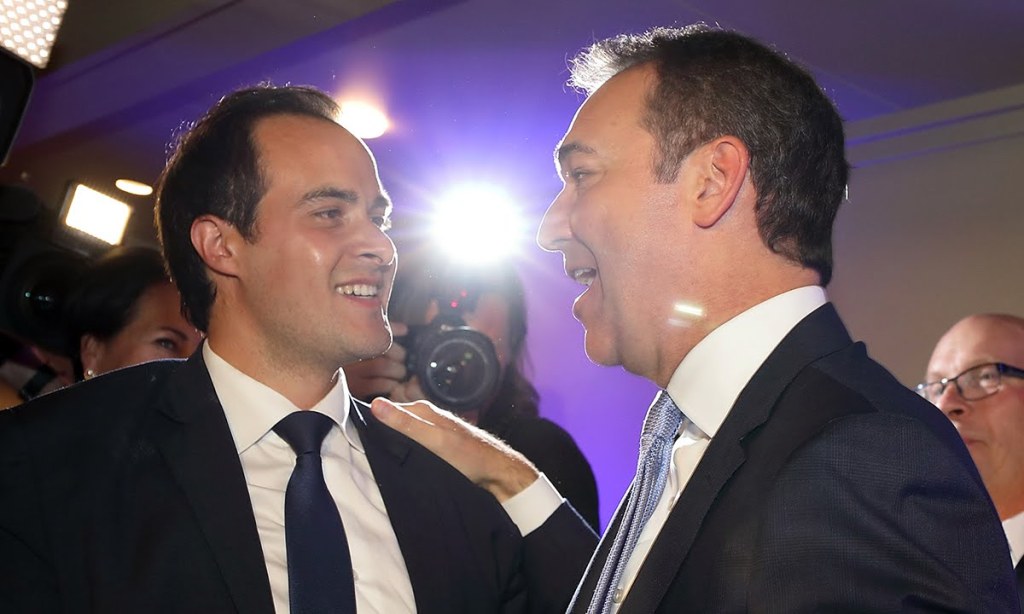 Steven Marshall greets Vincent Tarzia on election night. Photo: Tony Lewis / InDaily
