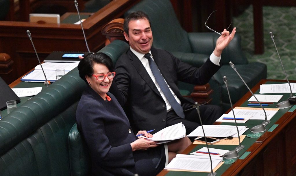 Premier Steven Marshall with Vickie Chapman in parliament. Photo: David Mariuz / AAP