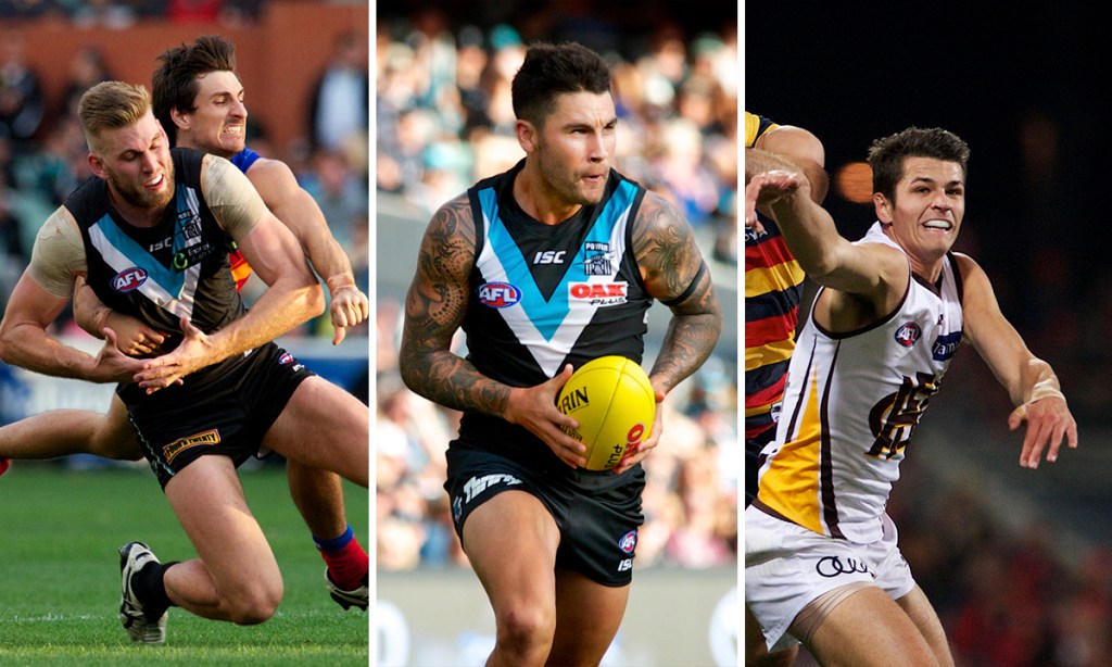 Sam Mayes (left, taking on former Power player Jackson Trengove) and Ryan Burton (right) formed part of a super-trade to get Port star Chad Wingard (centre) to Hawthorn. All photos: Michael Errey / InDaily