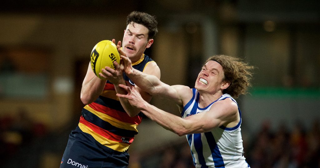 Mitch McGovern outmarks Roo Ben Brown in the Crows' last home game. Photo: Michael Errey / InDaily