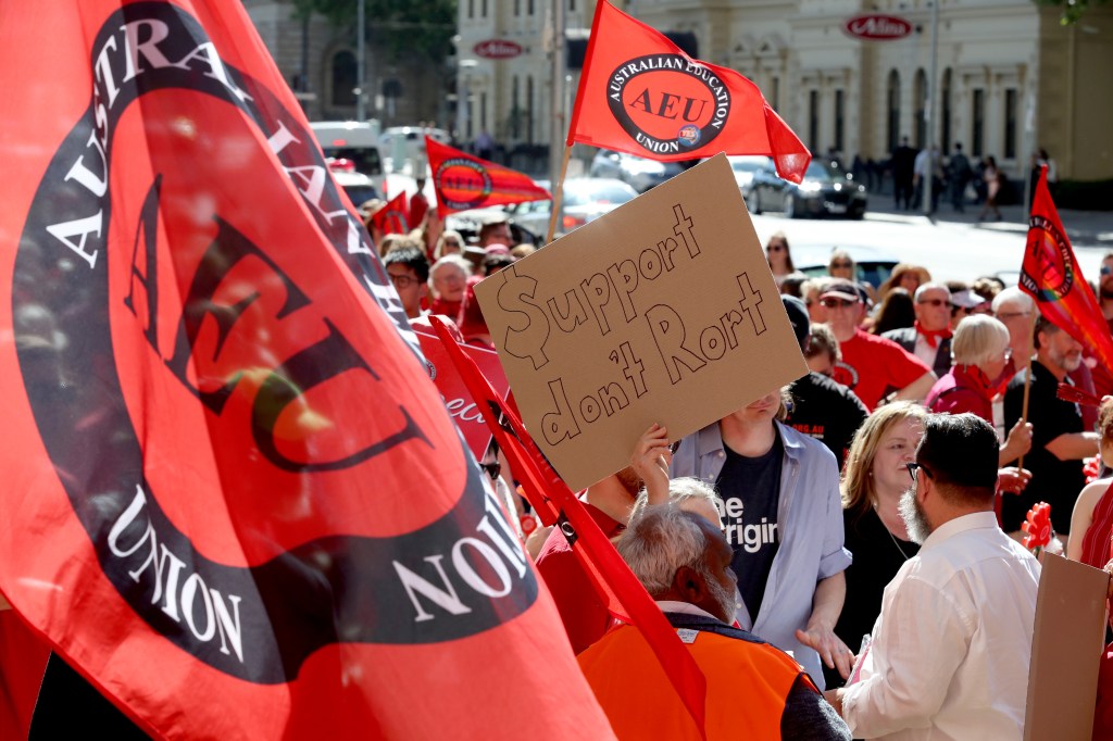 Teachers rallying last month - the first public indication that all was not well. Photo: Kelly Barnes / AAP