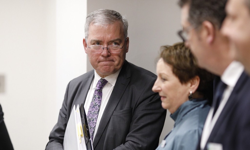 Stephen Wade with administrators and staff at a media briefing. Photo: Tony Lewis / InDaily