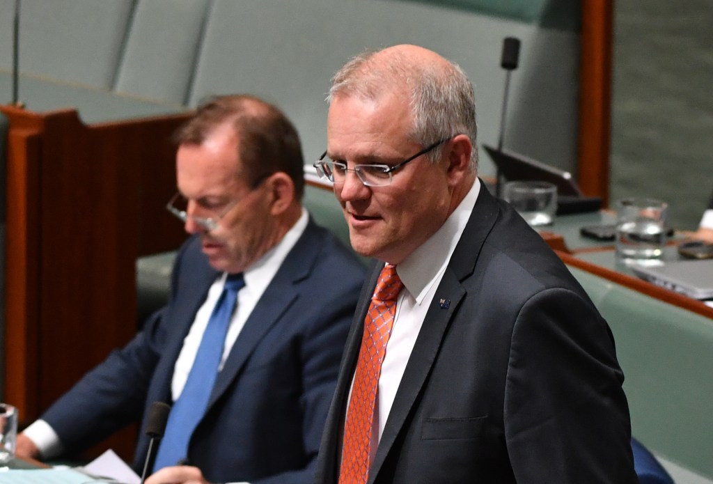 Former prime minister Tony Abbott and current leader Scott Morrison during Question Time yesterday. Photo: AAP/Mick Tsikas