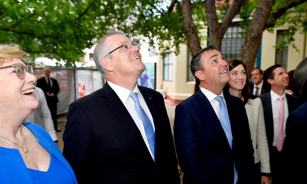 "Lift off": Prime Minister Scott Morrison with South Australian Premier Steven Marshall at the old RAH site. Photo: AAP / Sam Wundke.