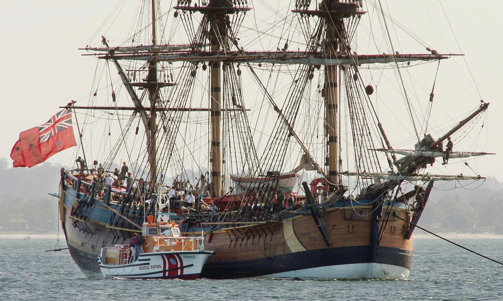 A replica of the Endeavour at anchor in Botany Bay. File photo: AP/Mark Baker