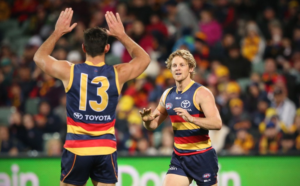 Rory Sloane (right) will join Taylor Walker as co-captain of the Adelaide Football Club. Photo: AAP/Ben Macmahon