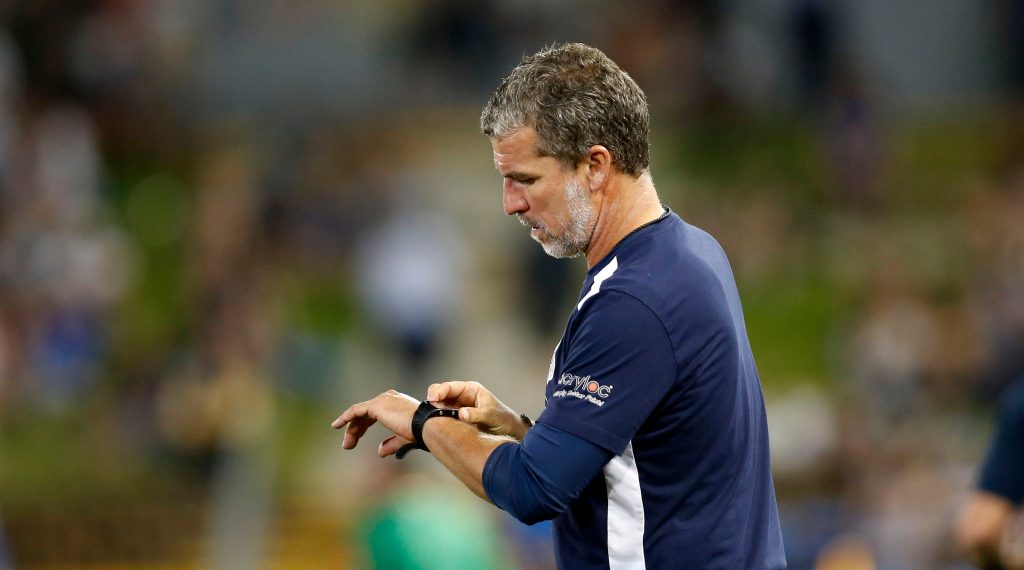 United coach Marco Kurz watches the clock during last month's win over the Newcastle Jets. Photo: Darren Pateman / AAP