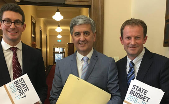 Dan Cregan (left) on Budget Day with Treasurer Rob Lucas and fellow Hills backbencher Josh Teague. Photo: Facebook