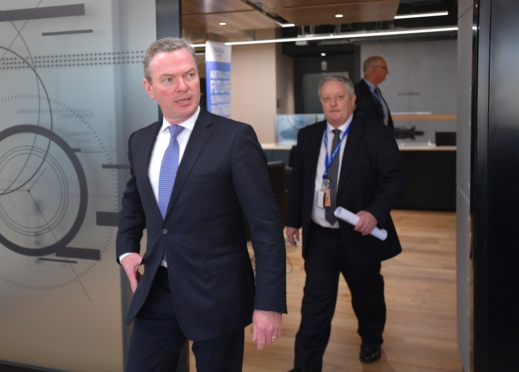 Christopher Pyne with Naval Group boss Herve Gilliou at the Naval Group Australia Office in Keswick in 2017. Photo: David Mariuz / AAP