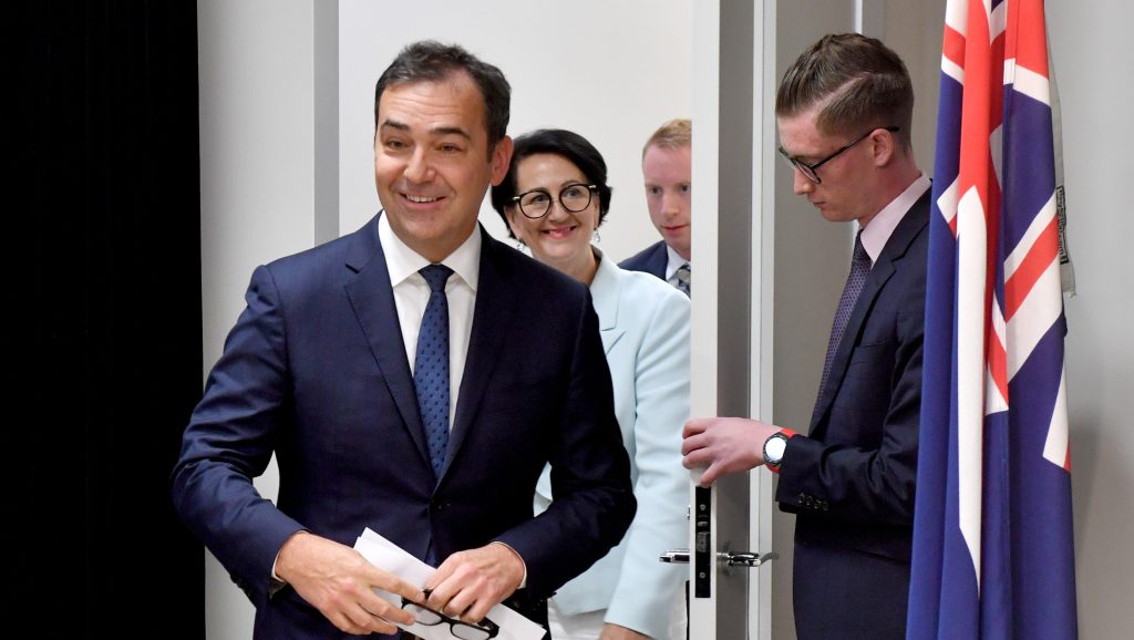 Premier Steven Marshall leads Vickie Chapman and David Speirs to face media after the release of the Royal Commission report. Photo: Sam Wundke / AAP