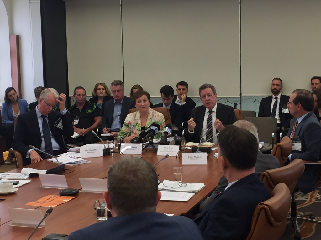 Mark Mentha (left) appearing before the parliamentary committee in February with CALHN CEO Lesley Dwyer and board deputy chair Mick Reid. 