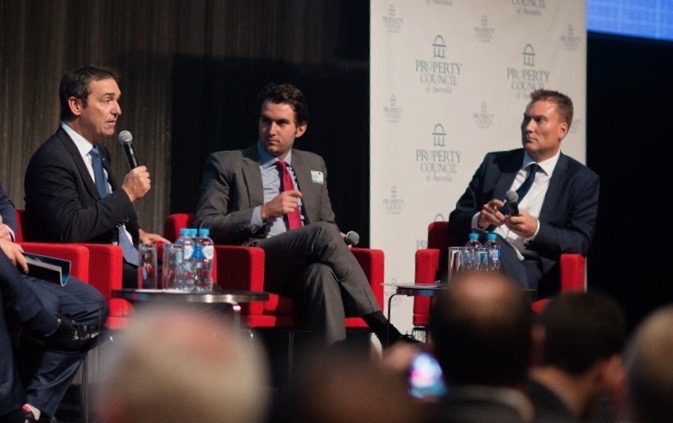 The Australian's Adelaide bureau chief Michael Owen (right) at a Property Council forum with Premier Steven Marshall and The Advertiser's Daniel Wills. 