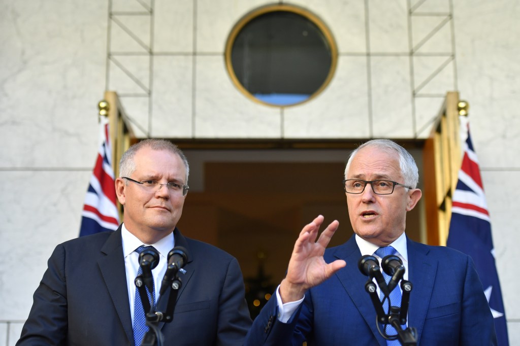 Then Treasurer Scott Morrison with Malcolm Turnbull in November 2017. Photo: AAP/Mick Tsikas