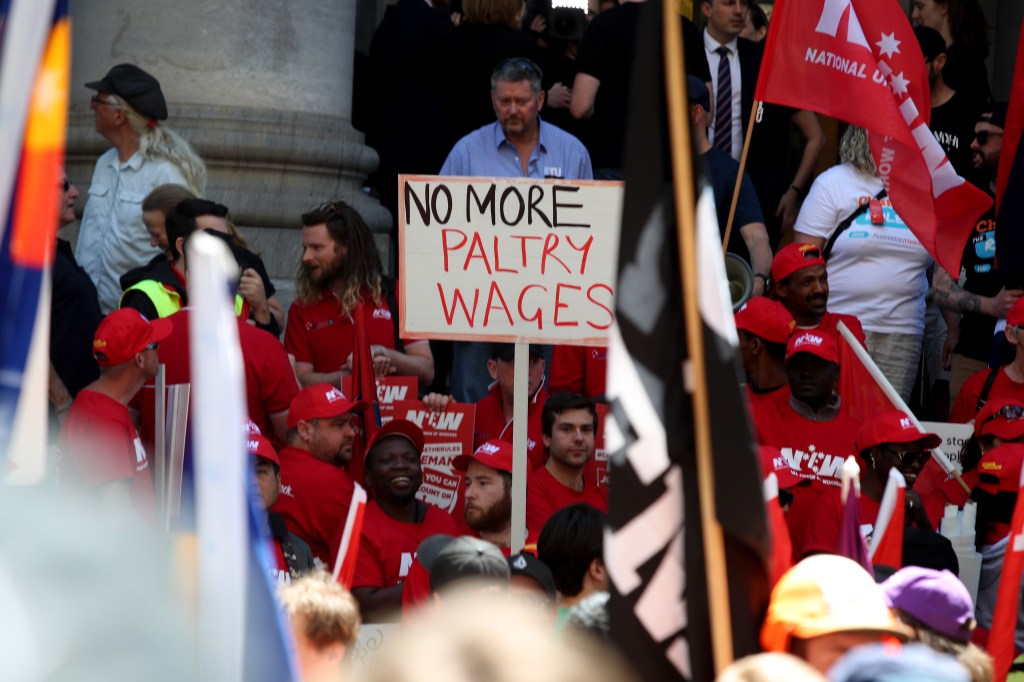 Unionists rally outside  Parliament House in Adelaide last October. Photo: AAP/Kelly Barnes