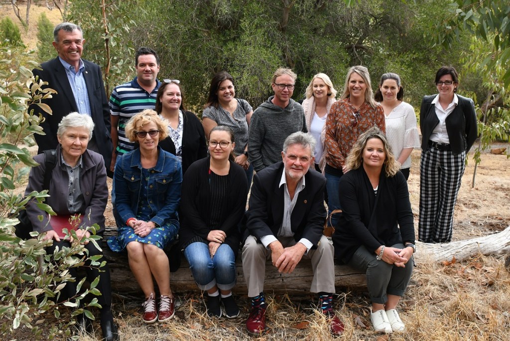 The cohort of Victorian school leaders at Flinders University, with Emeritus Professor John Halsey (front row, second from right) and Associate Professor Jim Davies (standing, far left.)
