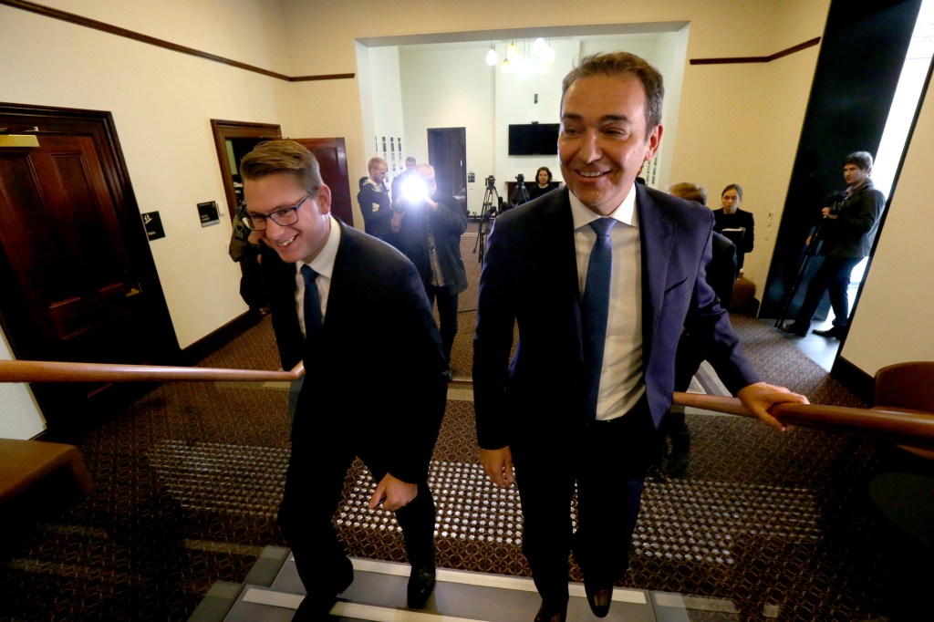 Local Government Minister Stephan Knoll with Premier Steven Marshall. Photo: Kelly Barnes / AAP