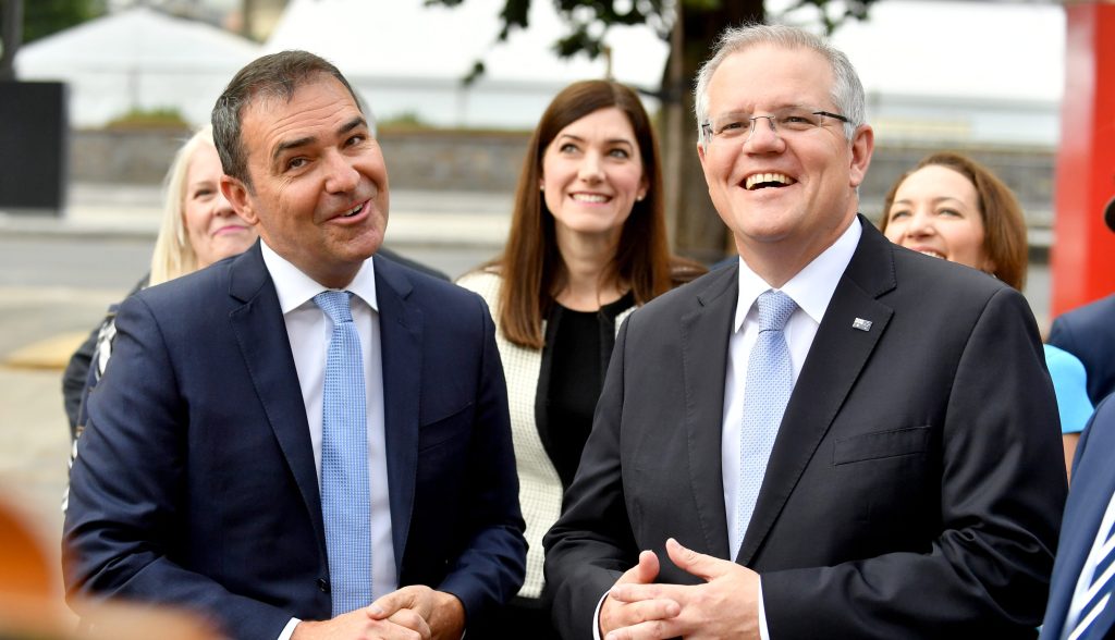 Steven Marshall and Scott Morrison - one of them can probably afford to ignore South Australia, the other can't. Photo: Sam Wundke / AAP