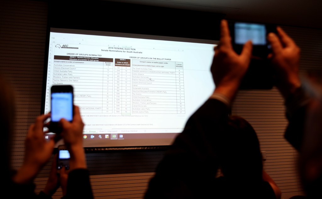 The declaration of nominations for the Senate at the Adelaide Convention Centre in April. Photo: AAP/Kelly Barnes