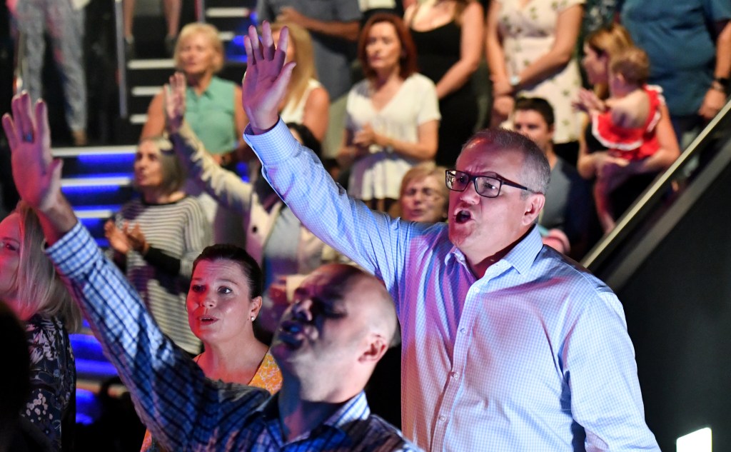 Scott Morrison attending an Easter Sunday service at his local Horizon Church. Photo: Mick Tsikas / AAP