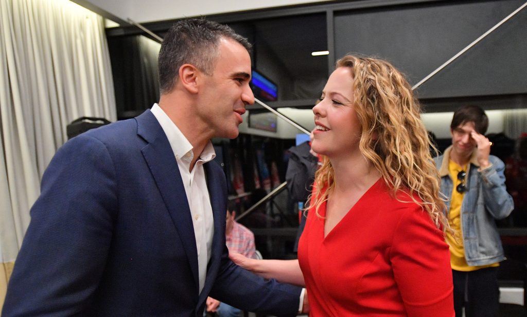 Peter Malinauskas with Boothby candidate Nadia Clancy on election night. Photo: David Mariuz / AAP