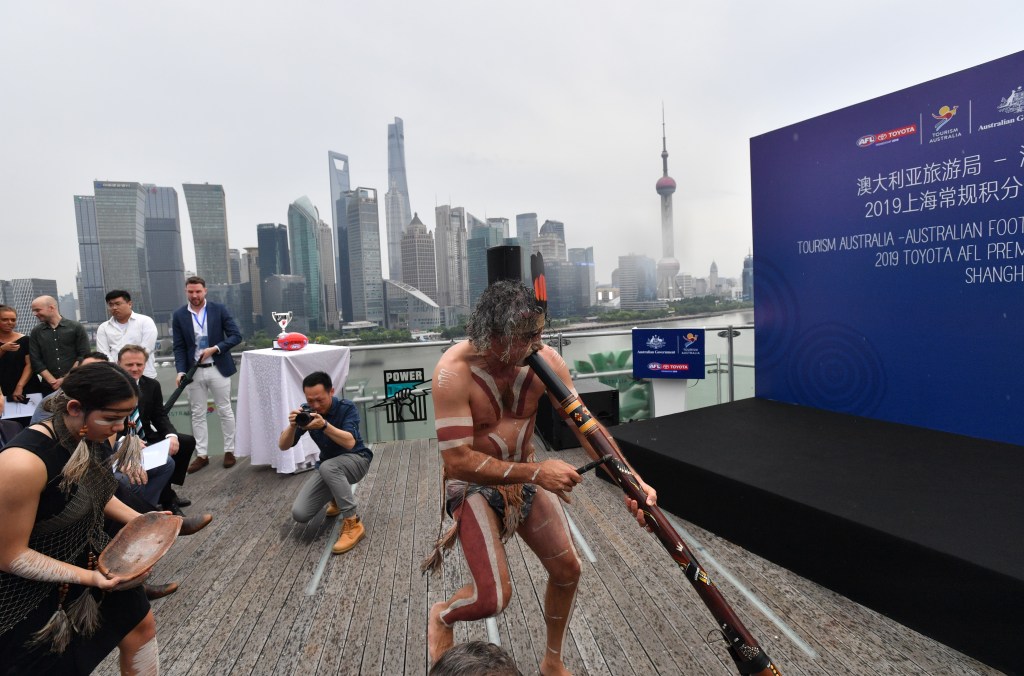 Aboriginal dancers at the AFL launch this week near the Bund area in Shanghai. Photo: AAP/David Mariuz