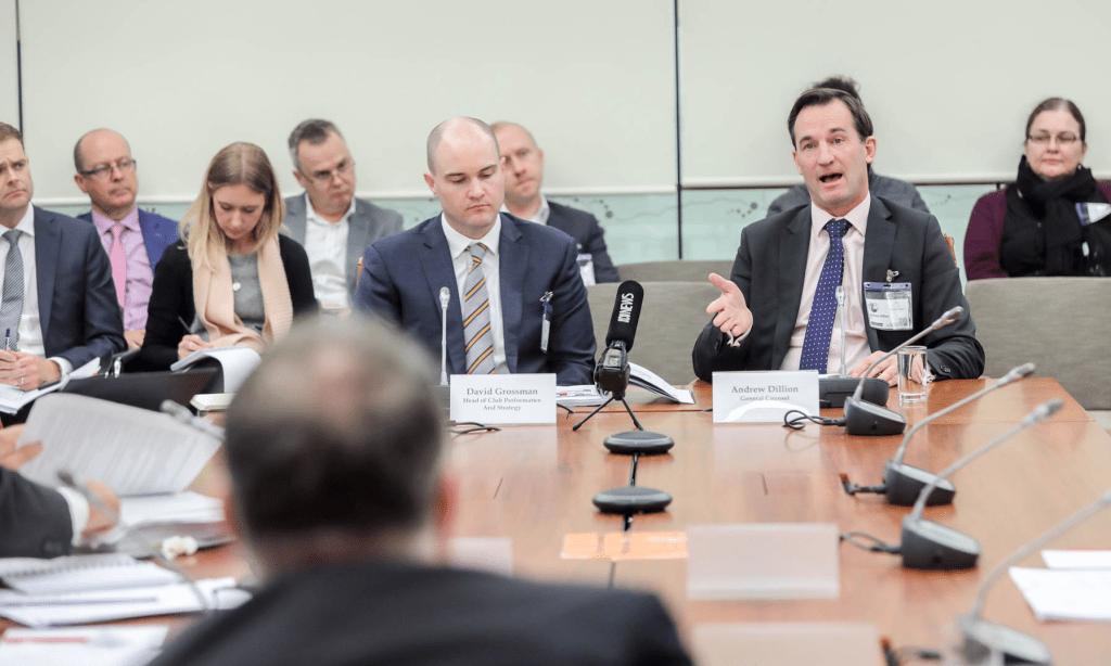 AFL head of club performance David Grossman and general counsel Andrew Dillon at this morning's parliamentary committee hearing. Photo: Russell Millard / InDaily