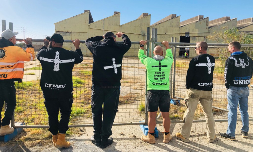 CFMEU protesters in front of Shed 26 at Port Adelaide on Tuesday. Photo: supplied