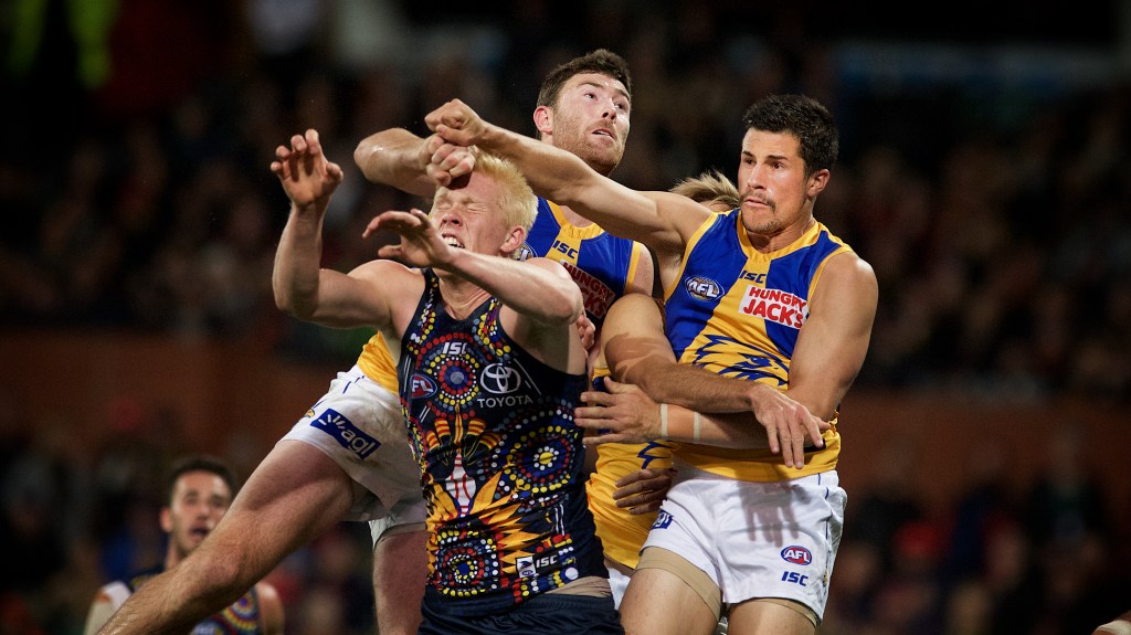 A goalless Elliott Himmelberg coming off worse for wear against the Eagles. Photo: Michael Errey / InDaily