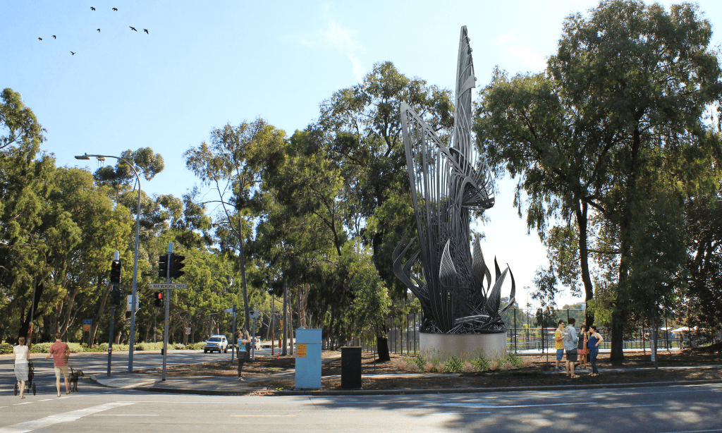 A render of the "Uniting a Nation" sculpture in its proposed location by the Tennis SA headquarters. Image: Adelaide City Council