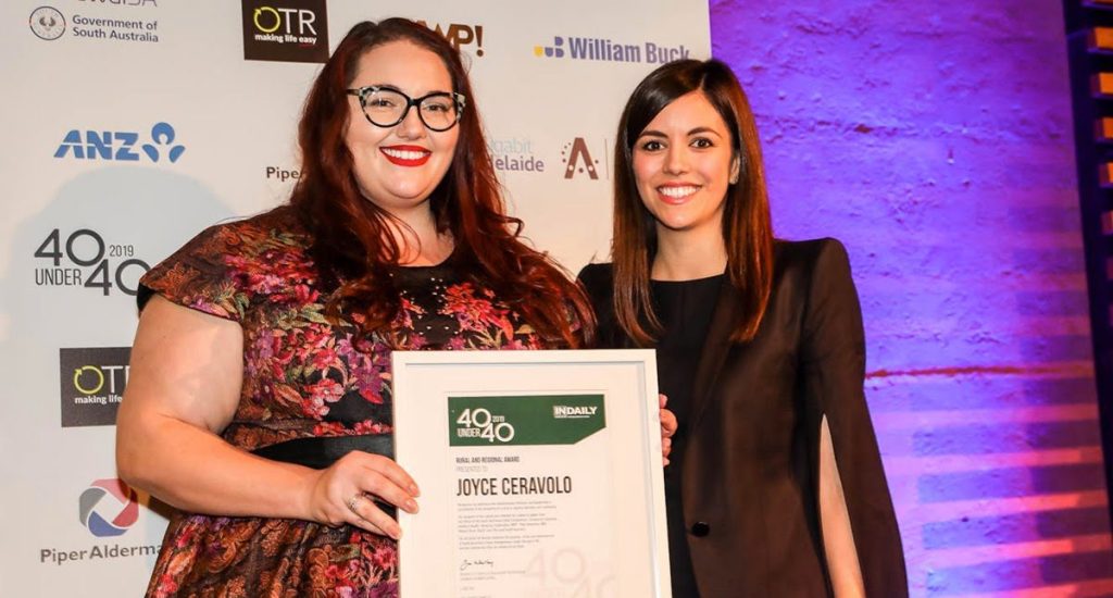 Joyce Ceravolo with Bianca Jennings from Piper Alderman at InDaily's 40 Under 40.