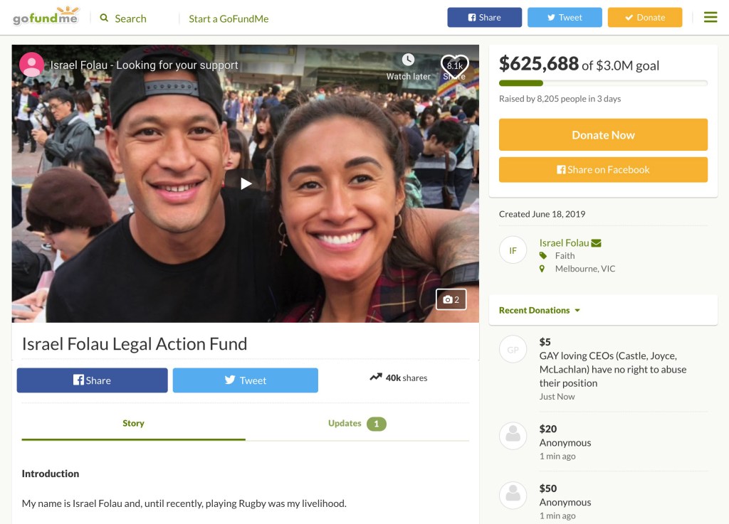 GoFundMe shut down Israel Folau's page saying promoting exclusion or discrimination violates its terms of service. Photo: AAP