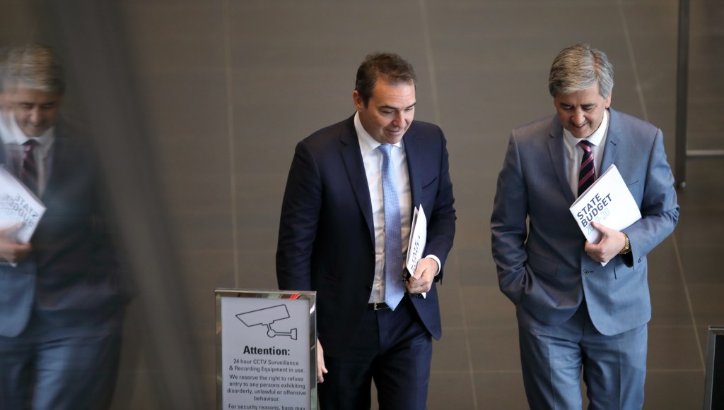 Premier Steven Marshall and Treasurer Rob Lucas arrive at the State Budget lock-up. Photo: Tony Lewis / InDaily