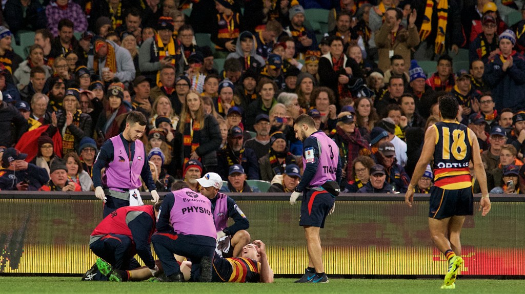 Josh Jenkins was injured in the last minute of the game. Photo: Michael Errey/InDaily