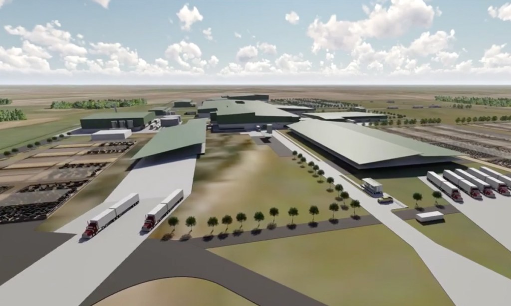 Thomas Foods International says it will spend several hundred million dollars on a new plant at Murray Bridge. Image: A screenshot from a flyover of the proposed facility, supplied.